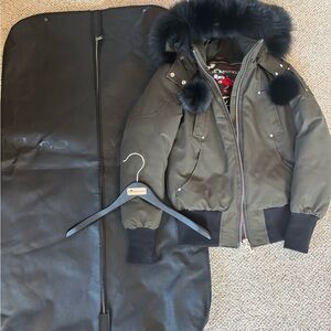 Moose Knuckles Olive Debbie Bomber Jacket with Black Fur Trim